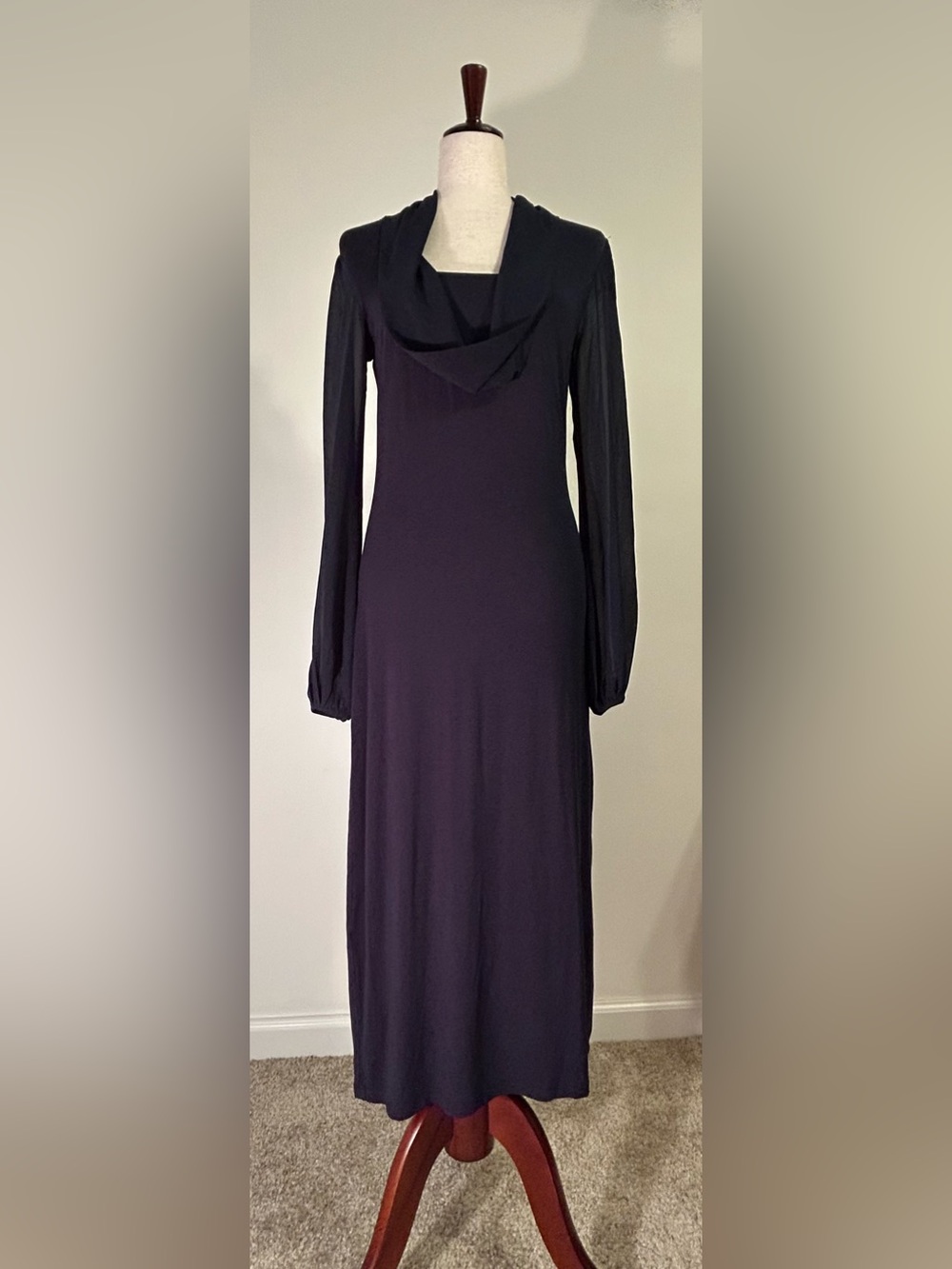NWT Long Tall Sally Navy Blue Maxi Dress XS Tall Sheer Sleeve Elegant Evening
